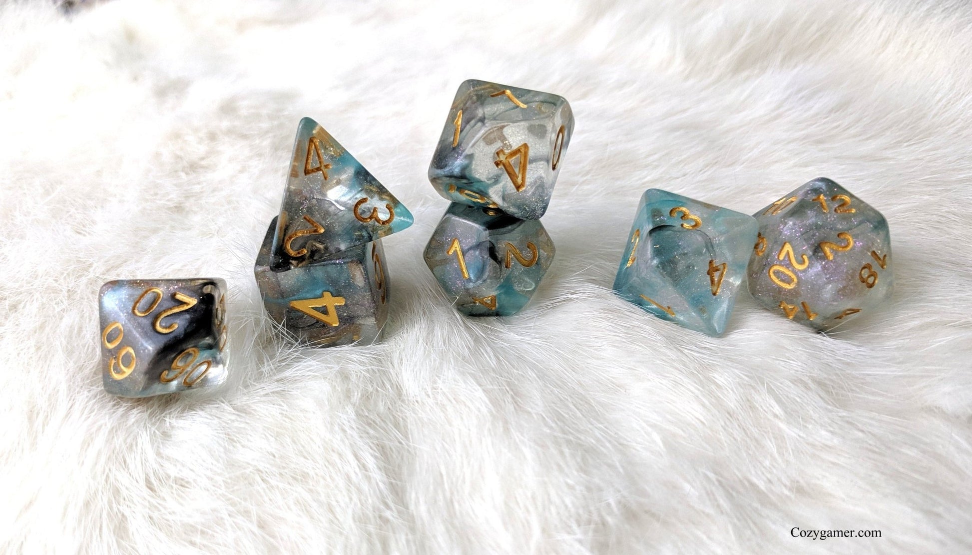 Shade Dice Set – 7 - Piece Blue Black Translucent Glitter Pearly Ink DnD Dice - Fennek and Finch