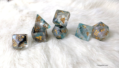 Shade Dice Set – 7 - Piece Blue Black Translucent Glitter Pearly Ink DnD Dice - Fennek and Finch