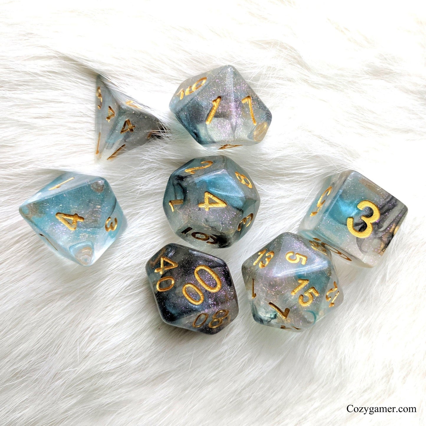 Shade Dice Set – 7 - Piece Blue Black Translucent Glitter Pearly Ink DnD Dice - Fennek and Finch
