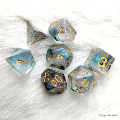 Shade Dice Set – 7 - Piece Blue Black Translucent Glitter Pearly Ink DnD Dice - Fennek and Finch