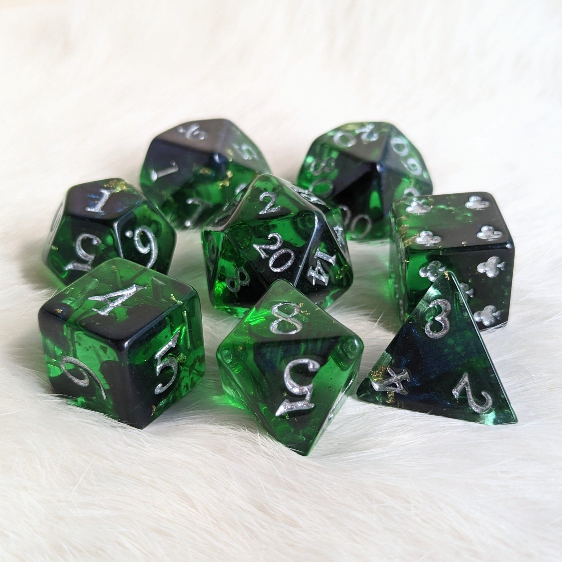 Shadowy Forest Dice Set – 8 or 12-Piece Green Shimmer DnD Dice with Clover D6 | Fennek & Finch Dice Sets & Games Fennek and Finch