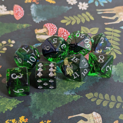 Shadowy Forest Dice Set – 8 or 12-Piece Green Shimmer DnD Dice with Clover D6 | Fennek & Finch Dice Sets & Games Fennek and Finch
