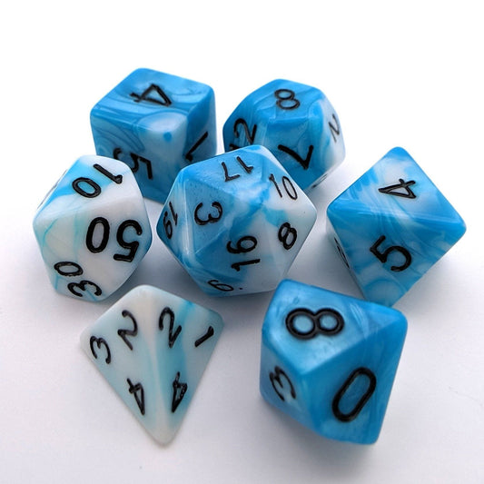 Shark Eye Dice Set – 7-Piece Blue White Marbled Ocean Swirl DnD Dice Dice sets Fennek and Finch