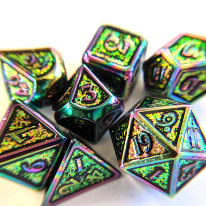 Shifting Rainbow Metal Dice Set – 7 - Piece Iridescent Rainbow Trim DnD - Fennek and Finch