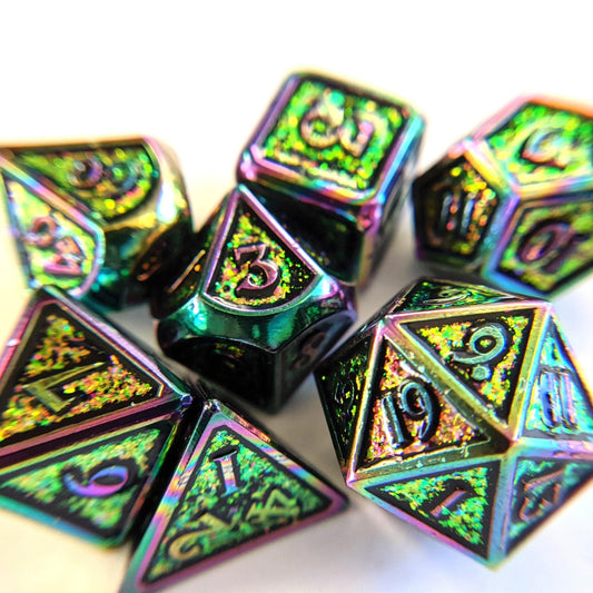 Shifting Rainbow Metal Dice Set – 7 - Piece Iridescent Rainbow Trim DnD - Fennek and Finch