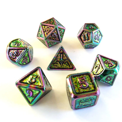 Shifting Rainbow Metal Dice Set – 7 - Piece Iridescent Rainbow Trim DnD - Fennek and Finch