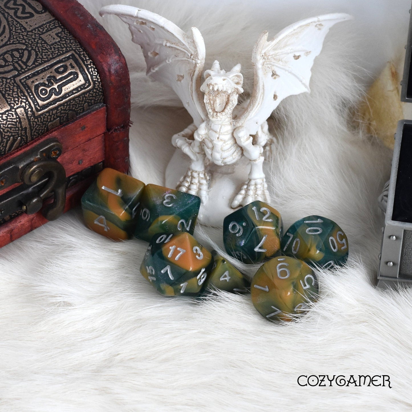 Shimmering Teal and Auburn Marble Dice Set