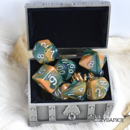 Shimmering Teal and Auburn Marble Dice Set