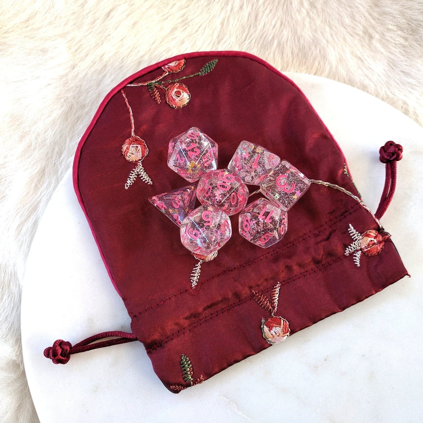 Silk Embroidered Drawstring Dice Bag – Luxurious Storage for 2-3 Sets Apparel & Accessories Fennek and Finch