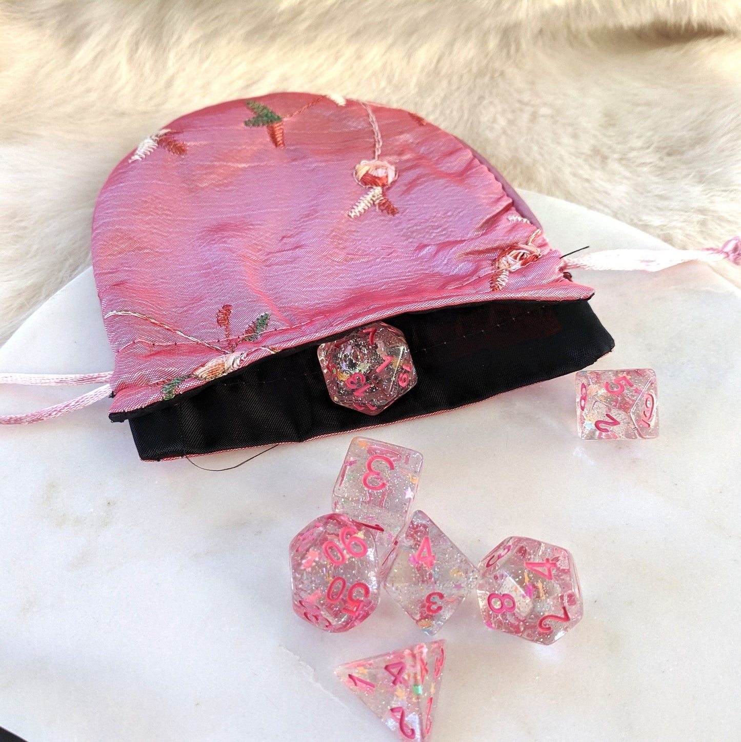 Silk Embroidered Drawstring Dice Bag – Luxurious Storage for 2-3 Sets Apparel & Accessories Fennek and Finch