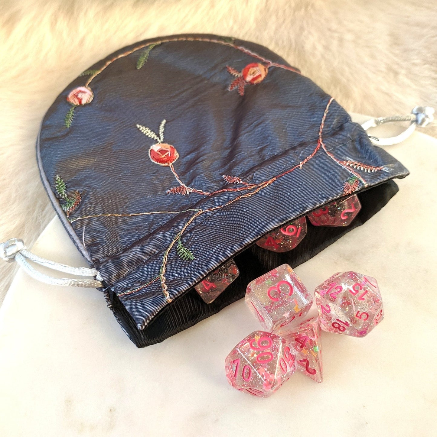 Silk Embroidered Drawstring Dice Bag – Luxurious Storage for 2-3 Sets Apparel & Accessories Fennek and Finch