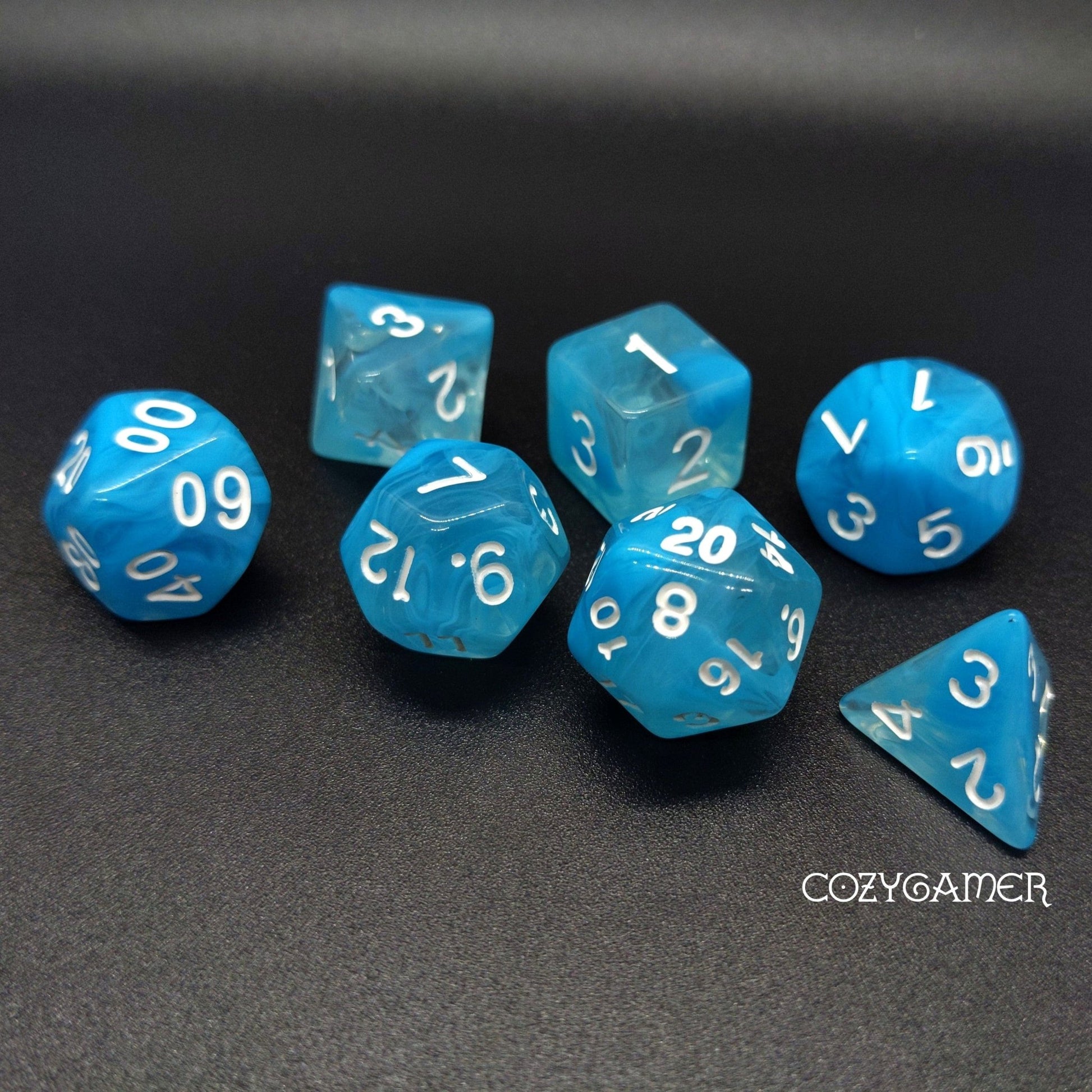 Sky Blue Swirl Dice Set. Glitter TTRPG Dice Dice Sets & Games Fennek and Finch