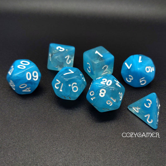 Sky Blue Swirl Dice Set. Glitter TTRPG Dice Dice Sets & Games Fennek and Finch