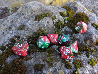 Sleigh Driver Dice Set – 7-Piece Green Red Pearl Marbled Acrylic Holiday DnD Dice sets Fennek and Finch