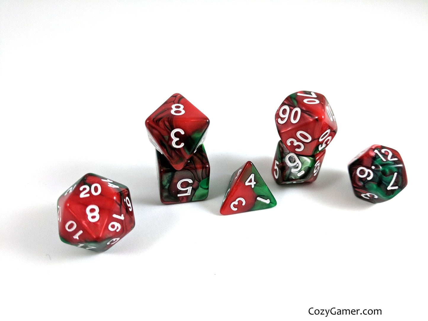 Sleigh Driver Dice Set – 7-Piece Green Red Pearl Marbled Acrylic Holiday DnD Dice sets Fennek and Finch