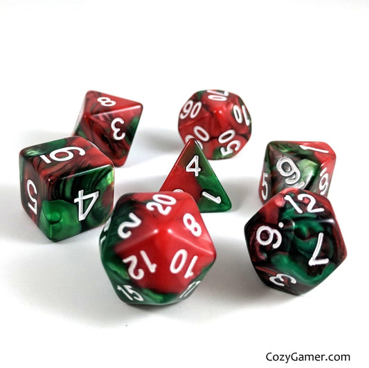 Sleigh Driver Dice Set – 7 - Piece Green Red Pearl Marbled Acrylic Holiday DnD - Fennek and Finch