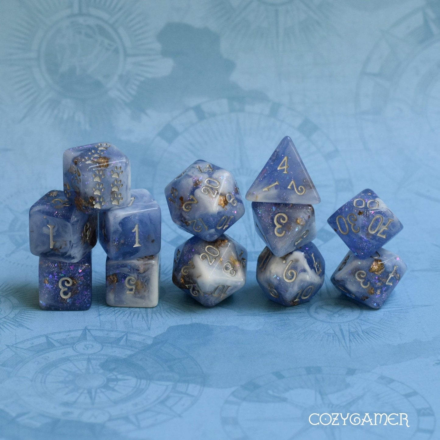 Snow Peak Dice Set – 8/12pc Clear Periwinkle White Marble Glitter Foil Paw Die Dice sets Fennek and Finch 12 Piece Set- Swirled