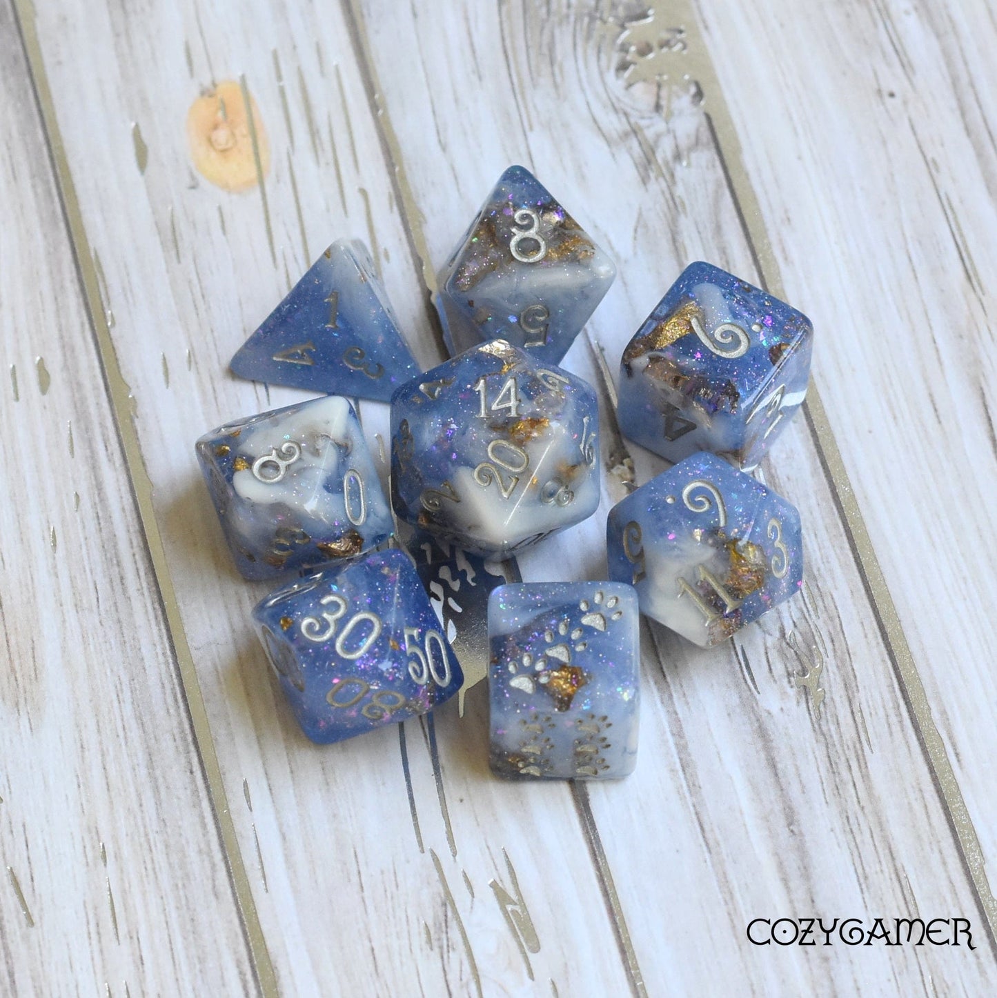 Snow Peak Dice Set. Clear Periwinkle and White Marble, with Glitter and Foil 8 Piece Set