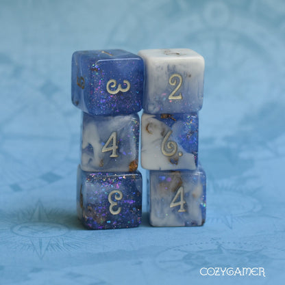 Snow Peak Dice Set. Clear Periwinkle and White Marble, with Glitter and Foil D6 Set