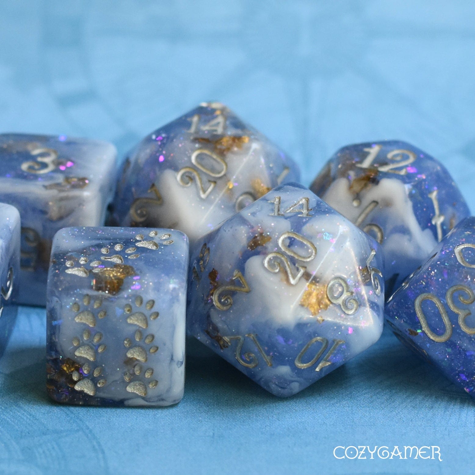 Snow Peak Dice Set. Clear Periwinkle and White Marble, with Glitter and Foil