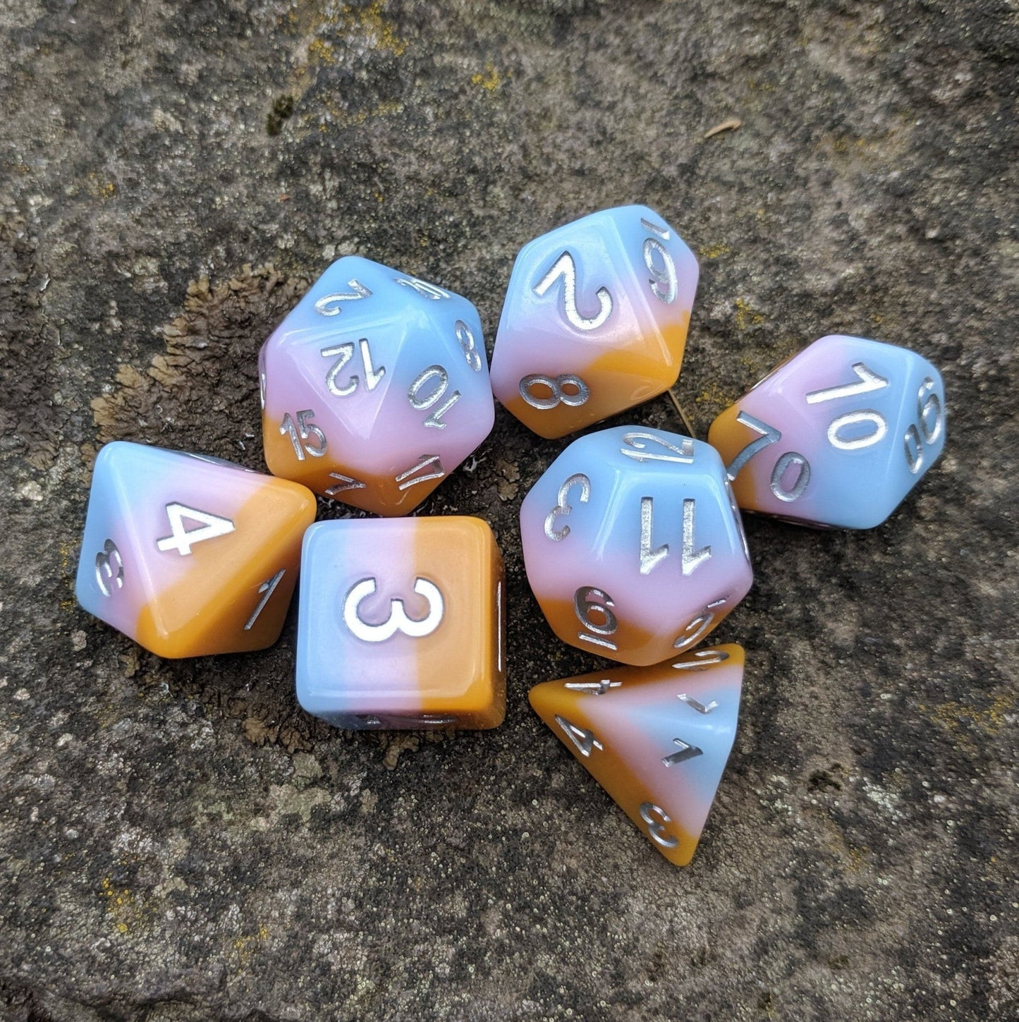 Soft Cream Dice Set – 7 - Piece Opaque Pastel Pink Blue Caramel Layered DnD Dice - Fennek and Finch