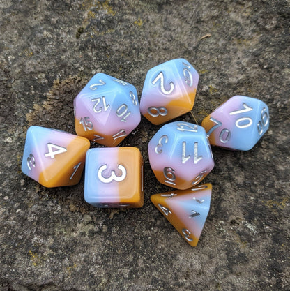 Soft Cream Dice Set – 7 - Piece Opaque Pastel Pink Blue Caramel Layered DnD Dice - Fennek and Finch