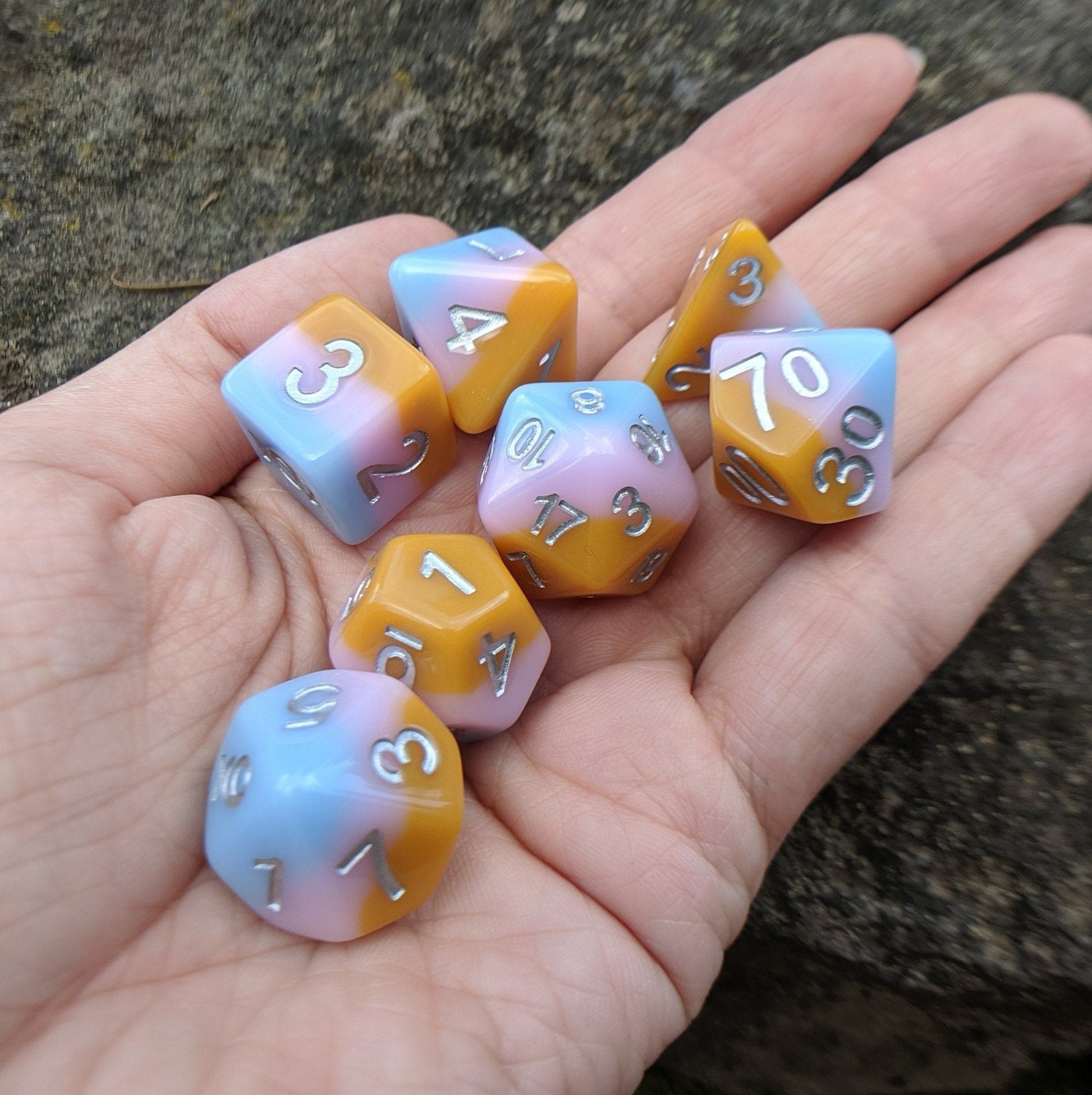 Soft Cream Dice Set – 7 - Piece Opaque Pastel Pink Blue Caramel Layered DnD Dice - Fennek and Finch
