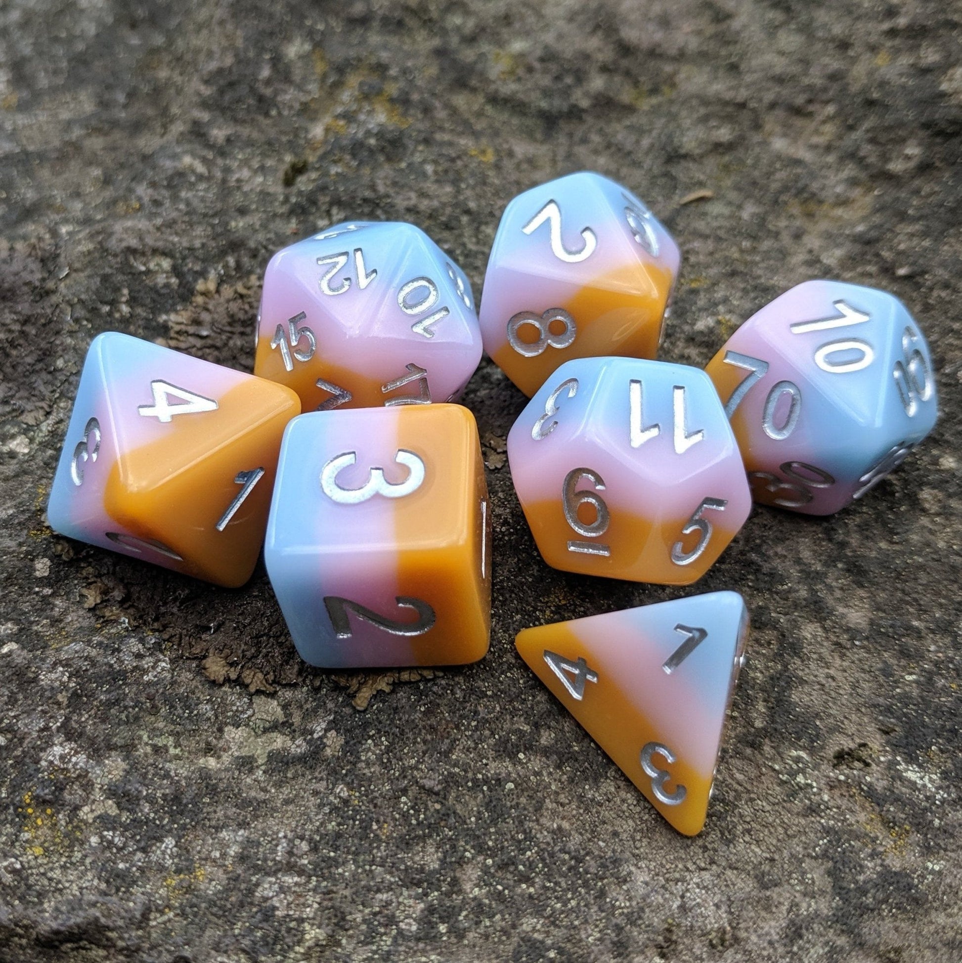 Soft Cream Dice Set – 7 - Piece Opaque Pastel Pink Blue Caramel Layered DnD Dice - Fennek and Finch