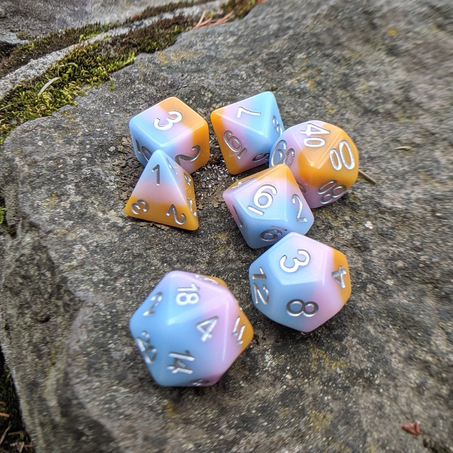 Soft Cream Dice Set – 7 - Piece Opaque Pastel Pink Blue Caramel Layered DnD Dice - Fennek and Finch