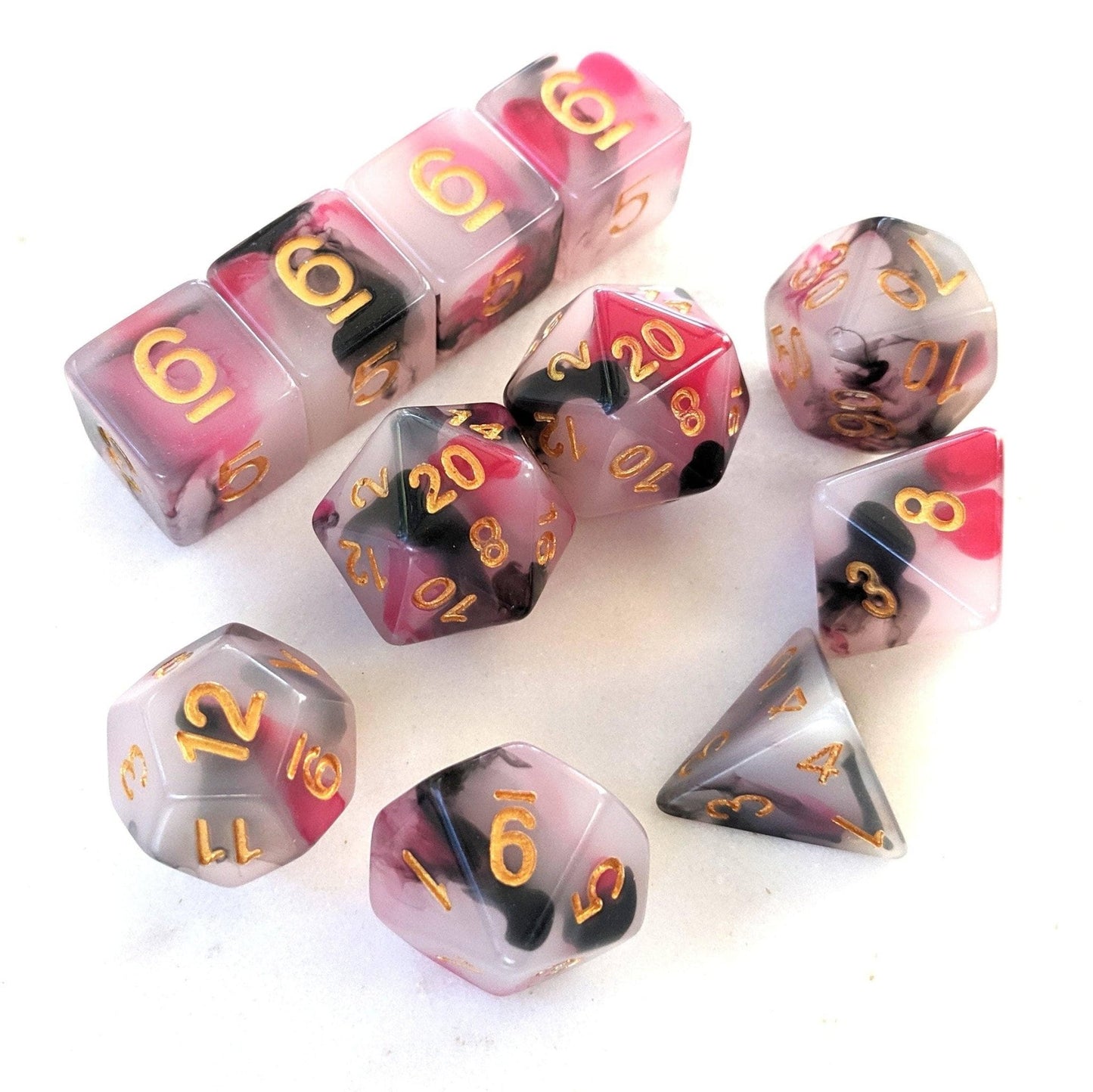 Spellbound Swirl Dice Set – White with Red & Black Ink (11 - Piece) - Fennek and Finch