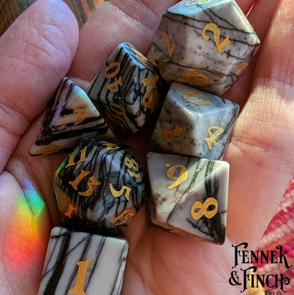 Spider Web Jasper Gemstone Dice Set – 7 - Piece DnD Dice | Fennek & Finch - Fennek and Finch
