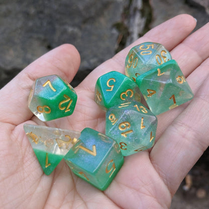 Spring Dew Dice Set – 7-Piece Translucent Micro Shimmer Green Pearly Bottom DnD Dice sets Fennek and Finch
