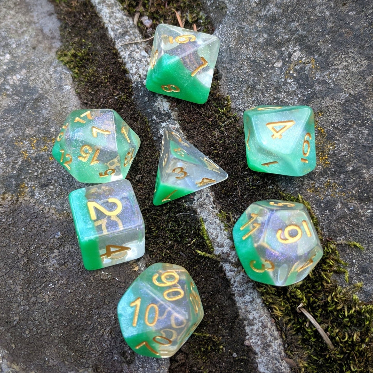 Spring Dew Dice Set – 7-Piece Translucent Micro Shimmer Green Pearly Bottom DnD Dice sets Fennek and Finch