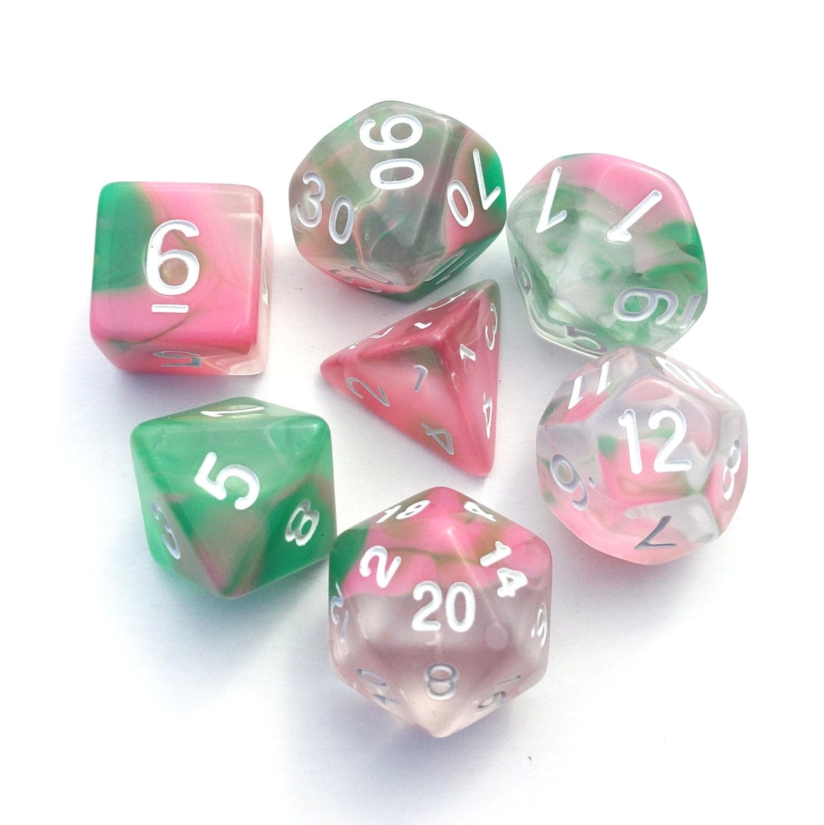 Spring Marble Dice Set – 7 - Piece Acrylic Clear Opaque Pink Green DnD Dice - Fennek and Finch