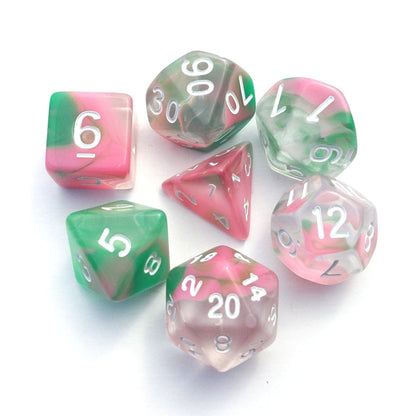 Spring Marble Dice Set – 7 - Piece Acrylic Clear Opaque Pink Green DnD Dice - Fennek and Finch