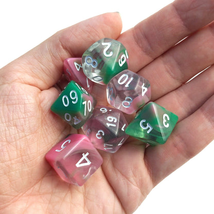 Spring Marble Dice Set – 7 - Piece Acrylic Clear Opaque Pink Green DnD Dice - Fennek and Finch