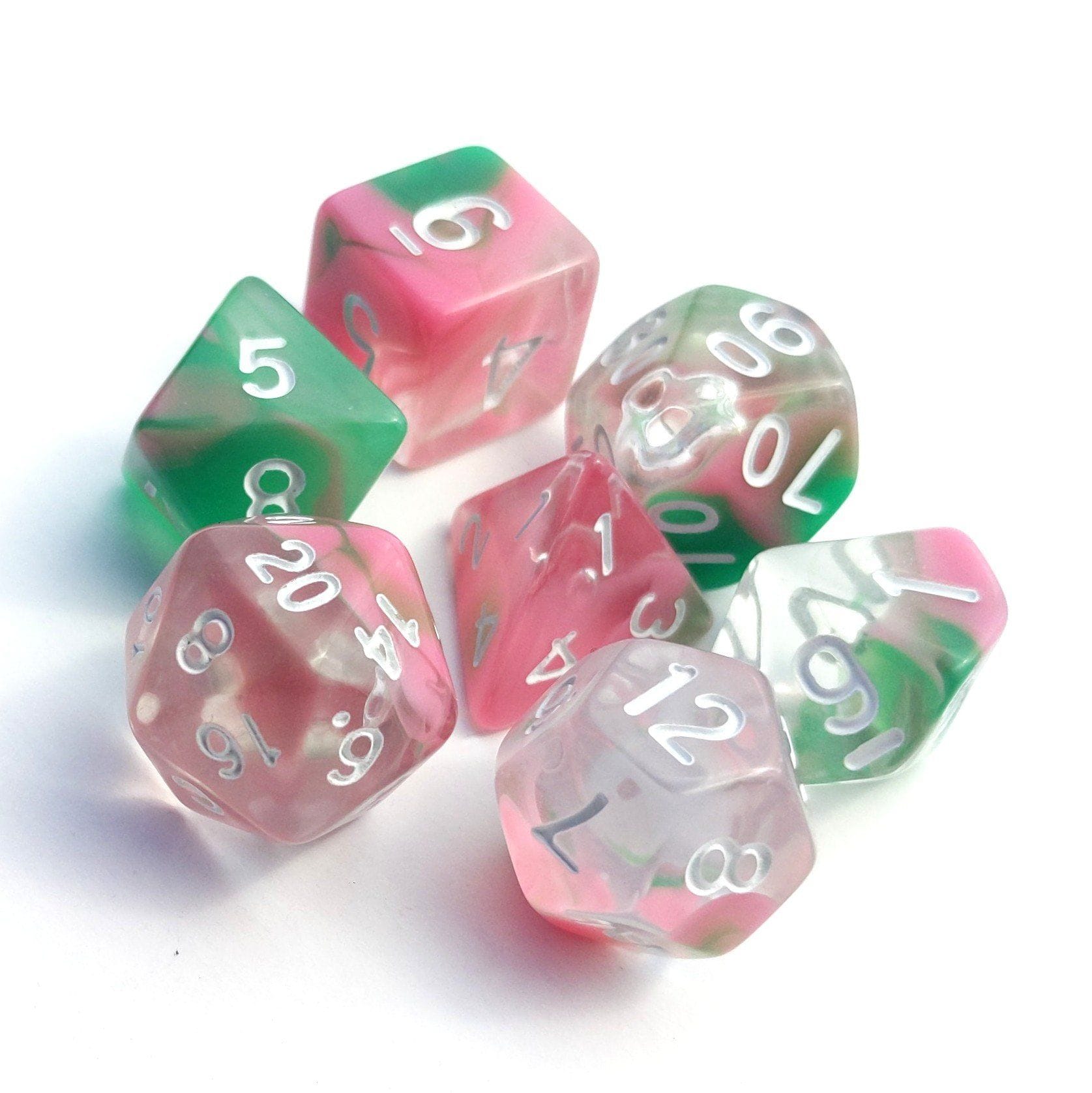 Spring Marble Dice Set – 7 - Piece Acrylic Clear Opaque Pink Green DnD Dice - Fennek and Finch