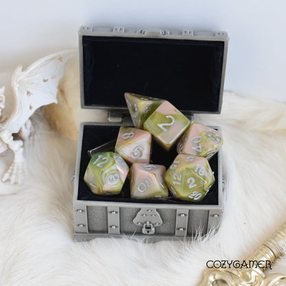 Spring Moss Dice Set – 7 - Piece Glitter Green TTRPG Dice - Fennek and Finch