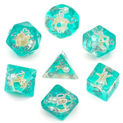 Green Starfish Dice Set with Glitter, 7 Pieces for Dungeons and Dragons, Ocean Theme