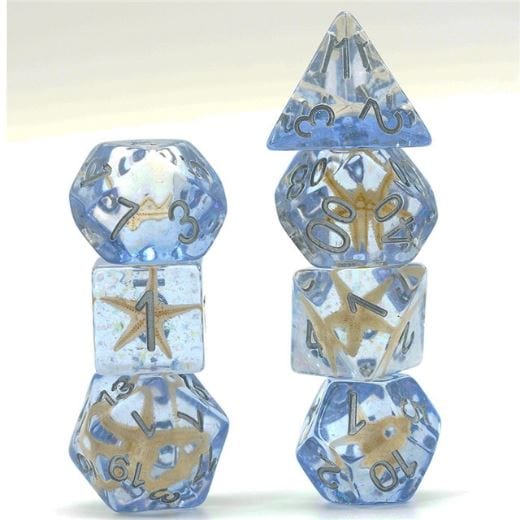 "Starfish in Repose Dice Set with glittery periwinkle and real starfish, 7 polyhedral pieces for Dungeons and Dragons TTRPG"