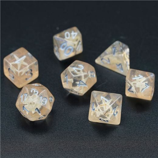 "Starfish in the Sand Dice Set with real starfish in clear resin and golden shimmer, perfect for DnD and tabletop RPGs."