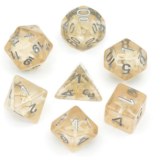 Starfish in the Sand 7-piece polyhedral dice set for DnD, with real starfish and golden shimmer, perfect for tabletop RPGs.