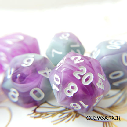 Stars Shine Dice Set. Marbled Opaque Grey Blue and Translucent Shimmering Purple