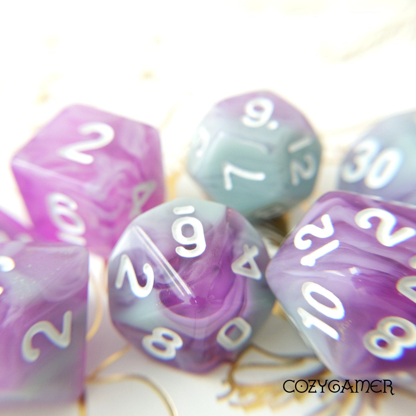 Stars Shine Dice Set. Marbled Opaque Grey Blue and Translucent Shimmering Purple