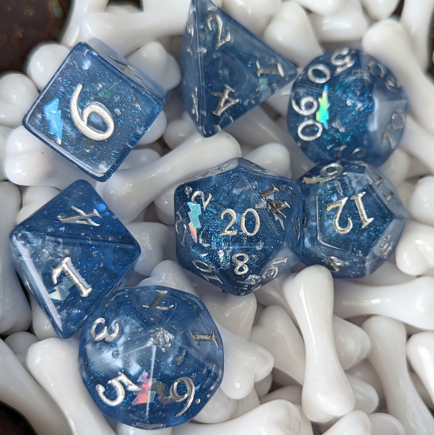 Storm Daddy Dice Set – 7/11 - Piece Blue Lightning Thunder DnD Dice - Fennek and Finch