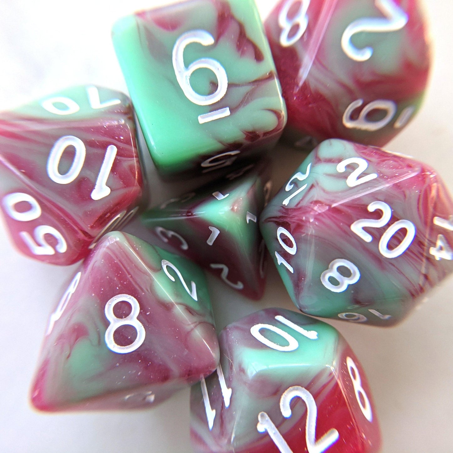 Strawberry Cream Dice Set – Opaque Light Green & Translucent Red - Fennek and Finch
