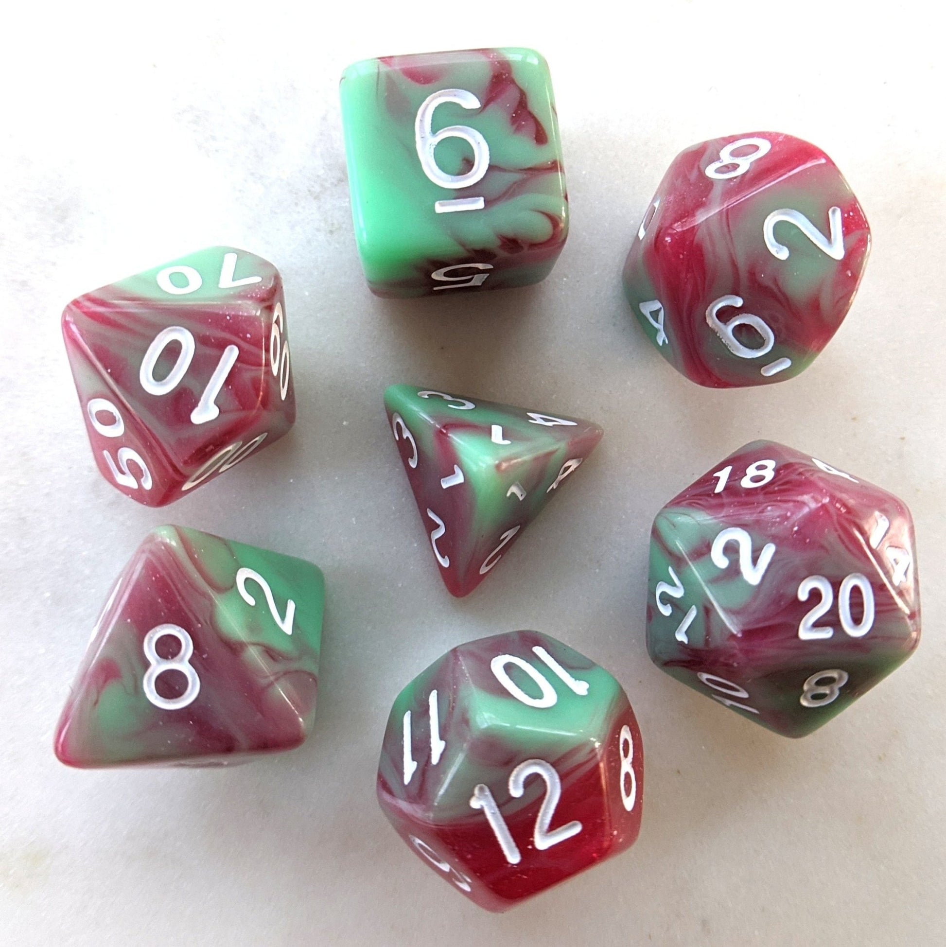 Strawberry Cream Dice Set – Opaque Light Green & Translucent Red - Fennek and Finch