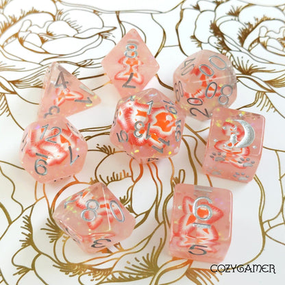 Strawberry Dice Set | Pink Resin DnD Dice with Clay Strawberries and Silver Numbers - Fennek and Finch