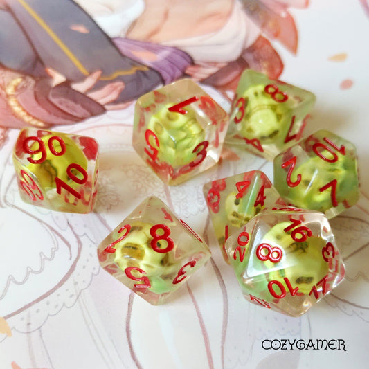 Sulfur Skull Dice Set. Neon green skull bead in clear resin with white smoke and red font