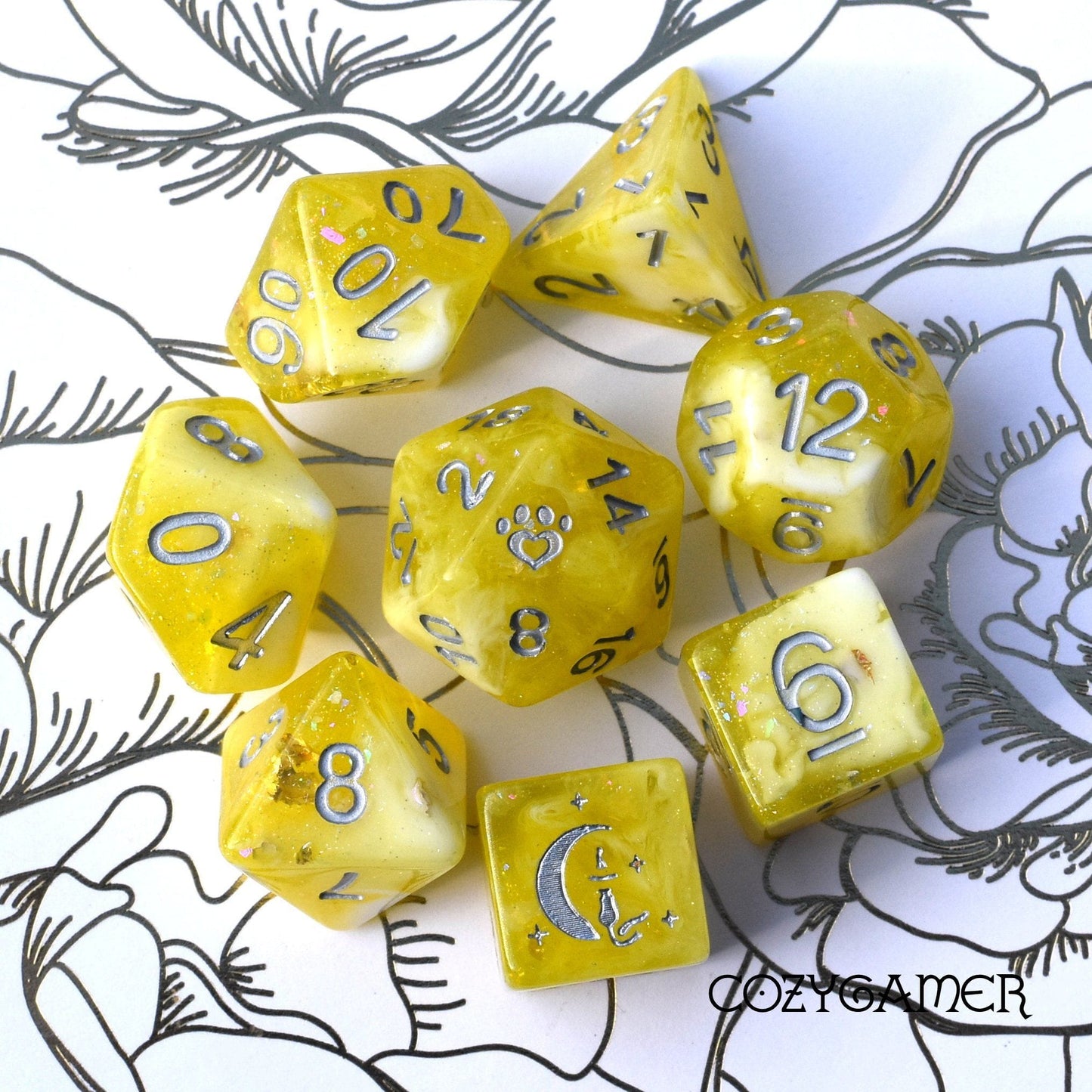 Sunlight 8 Piece Dice Set. Clear Yellow and White Marble, with Glitter and Foil